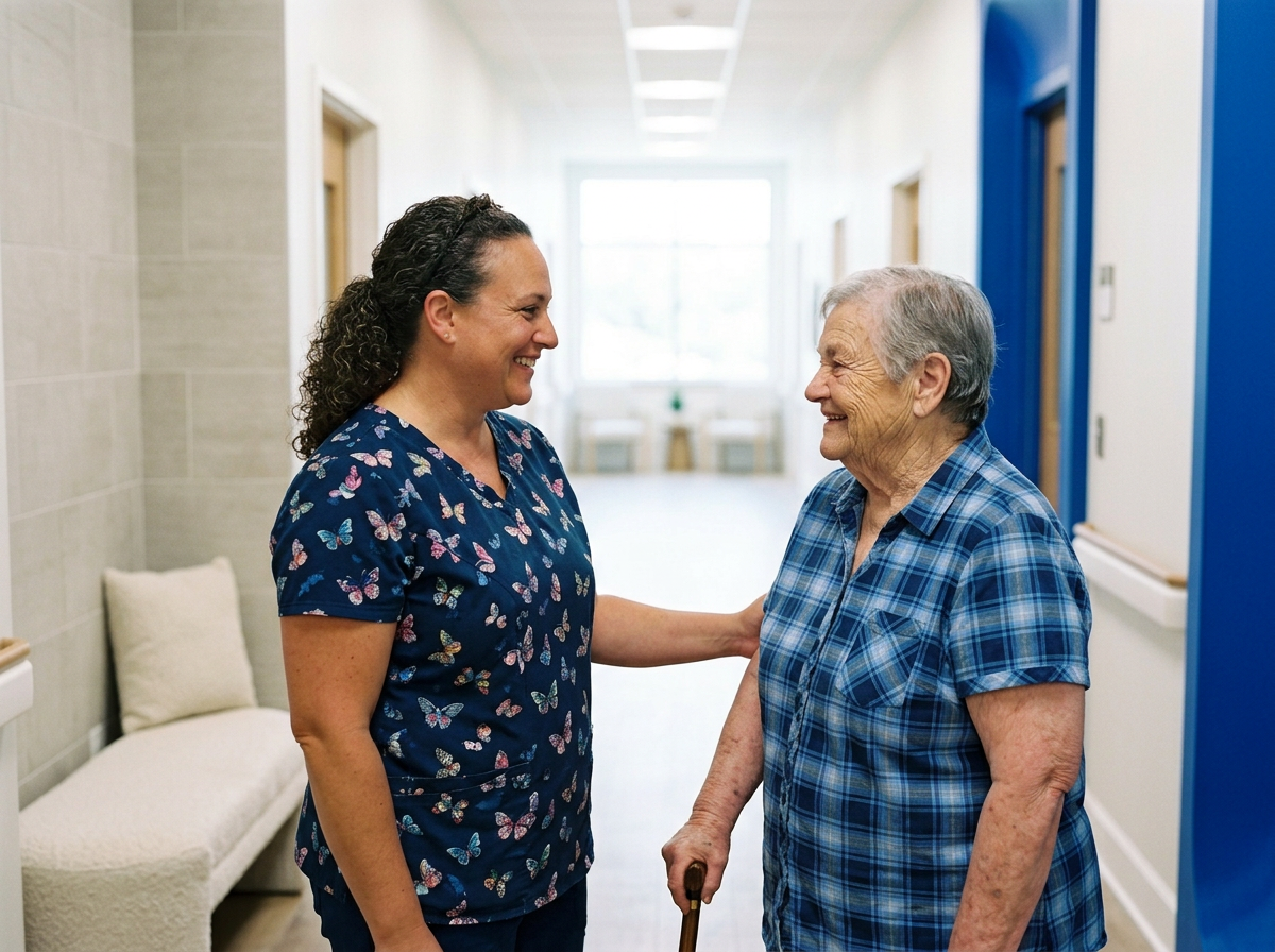 A nurse and an elderly woman in a healthcare facility, smiling and engaging in a friendly conversation.