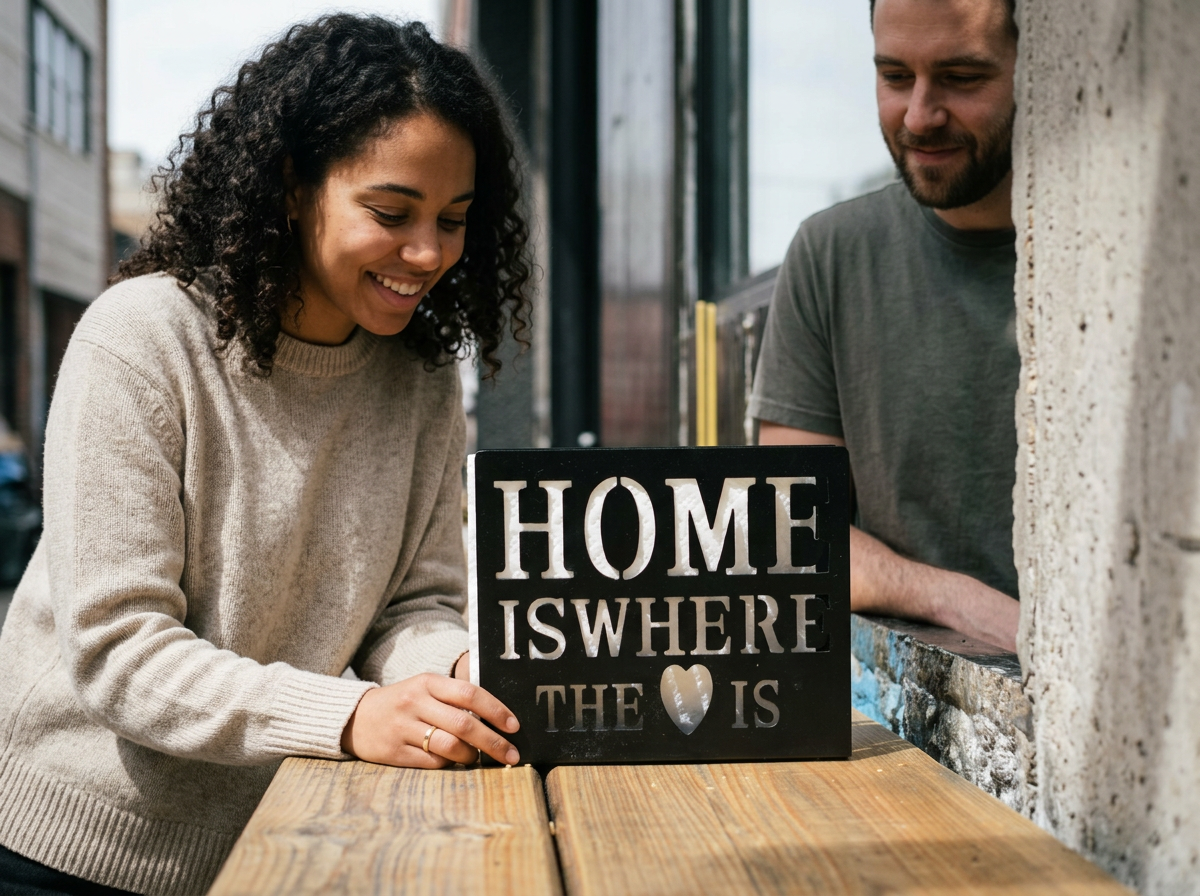 A woman and a man are sitting at a wooden table outdoors, smiling and looking at a decorative sign that says 'Home is where the heart is' with a heart cutout.
