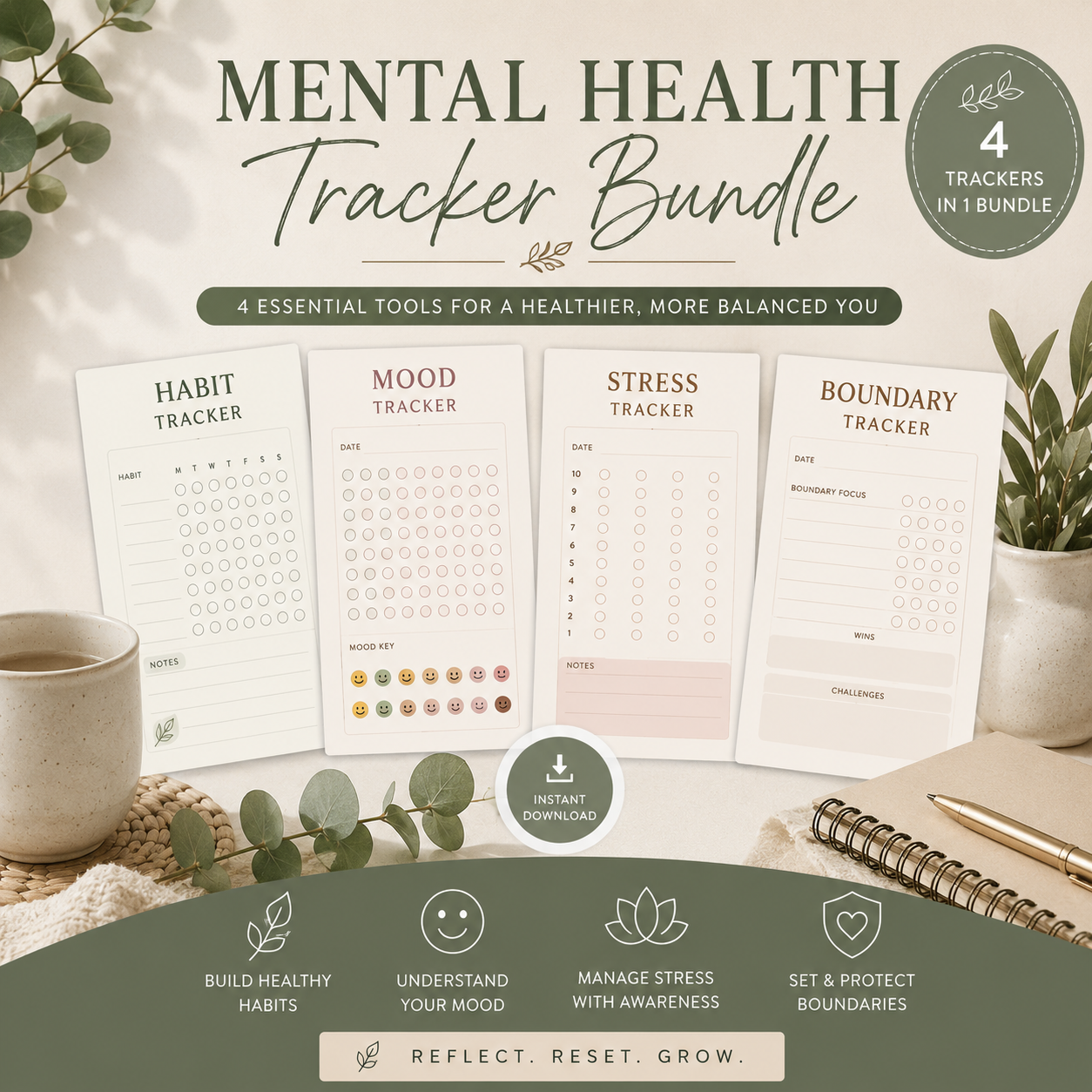 Mental Health Tracker Bundle | 4 Printable Wellness Trackers | Instant Digital Download