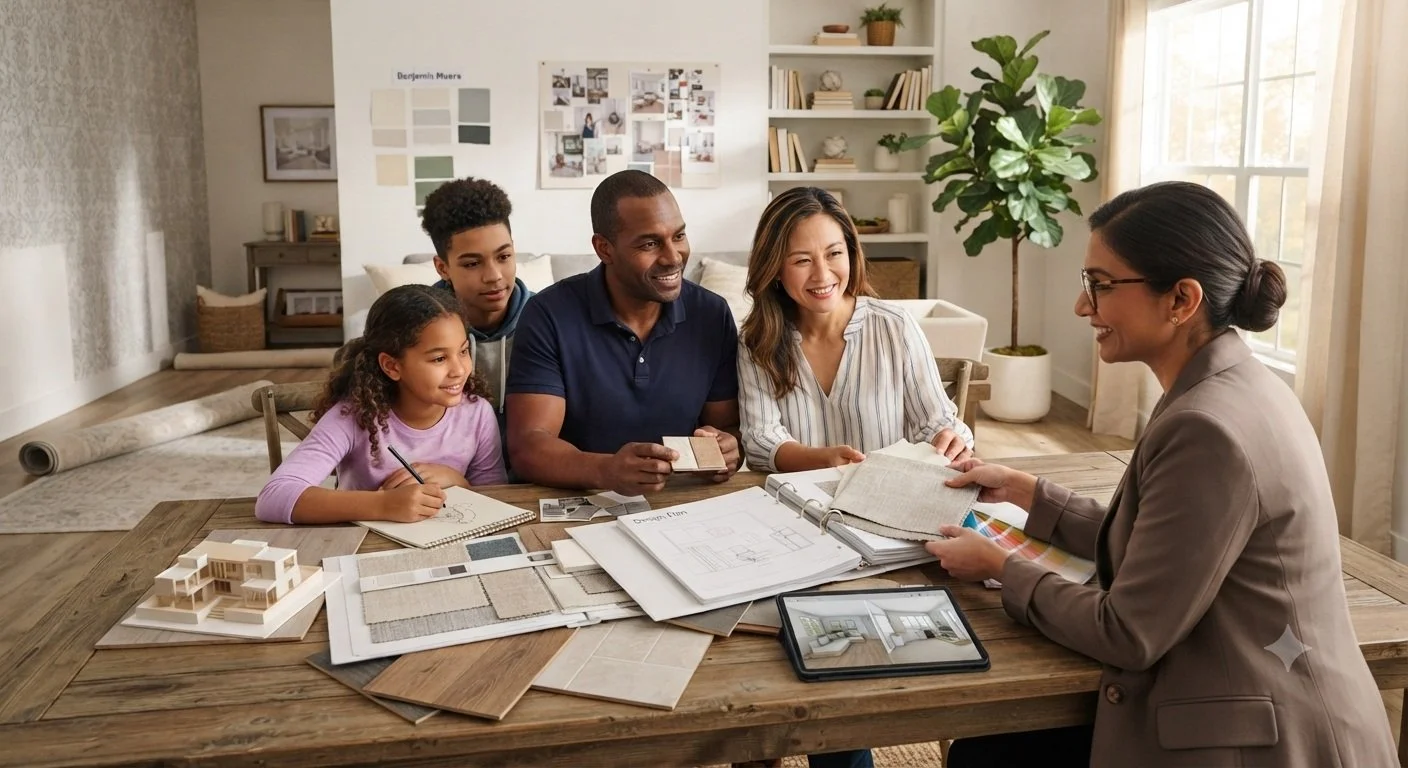 A woman interior designer consulting with customers on choices of samples of binds and shades in Georgetown , Guyana in a modern room.
