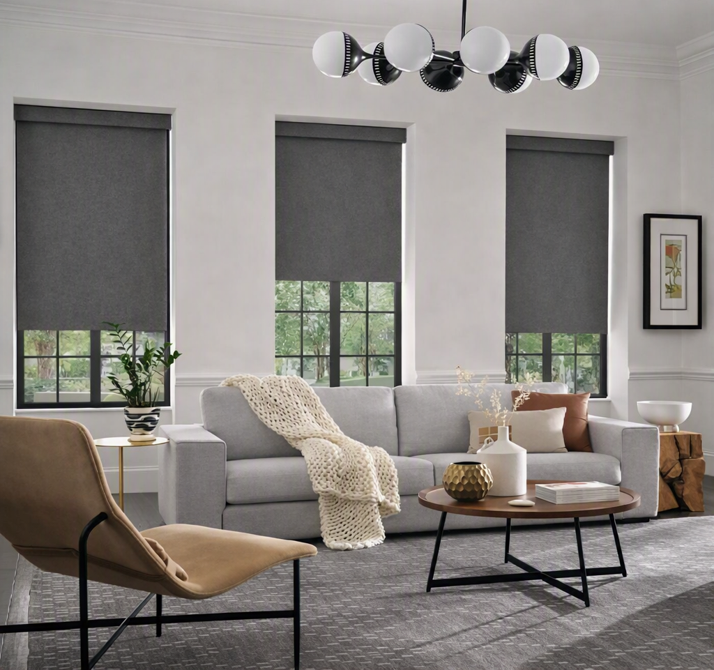 Motorized light filtering roller shades in a modern living room in Georgetown, Guyana.