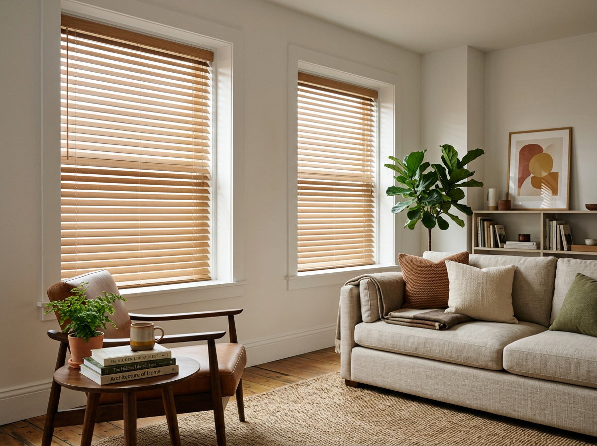 Venetian blinds perfectly contrasts furniture in a living room in Georgetown, Guyana.