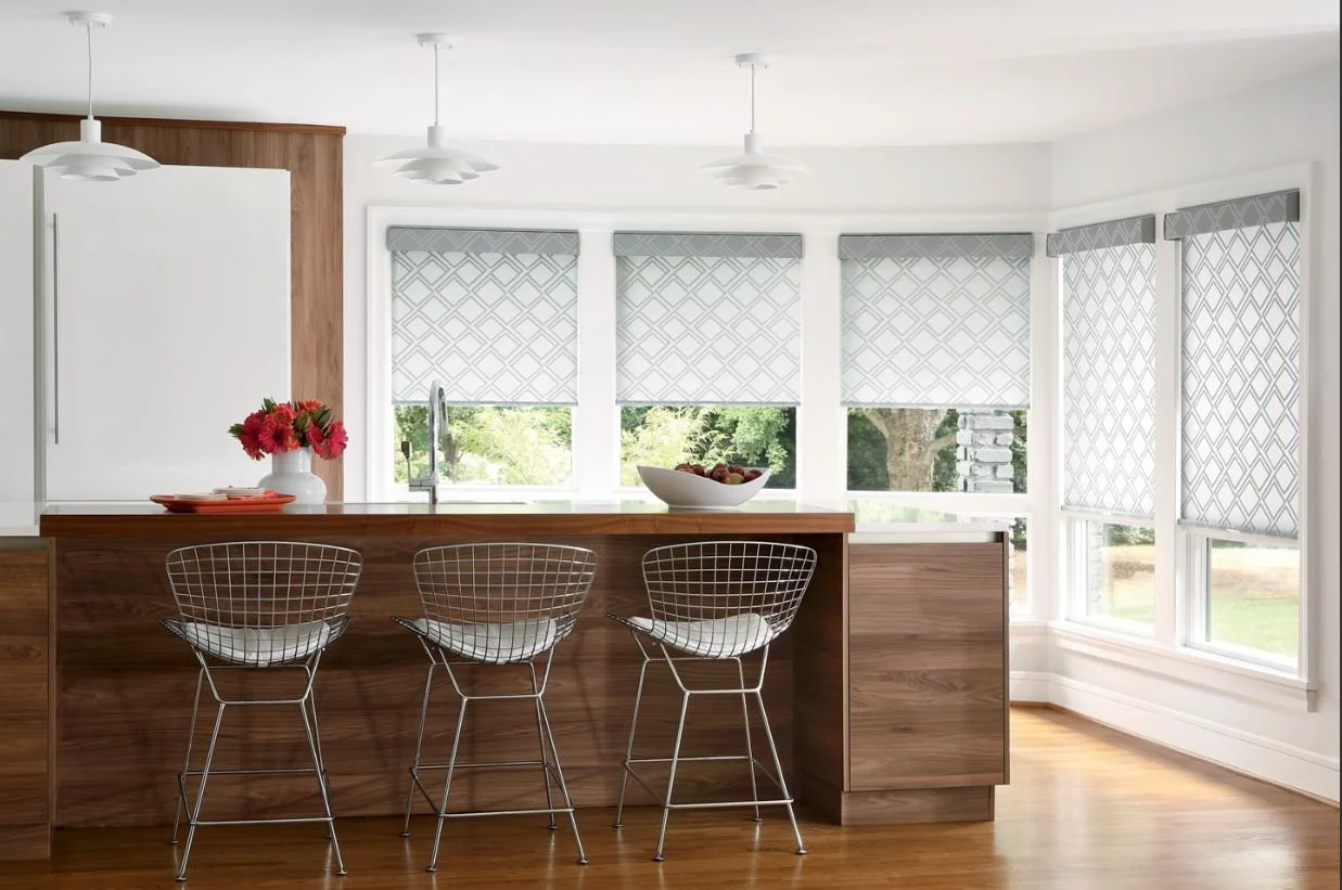 Modern kitchen with a beautiful fabric on roller shades with valances. Georgetown , Guyana.