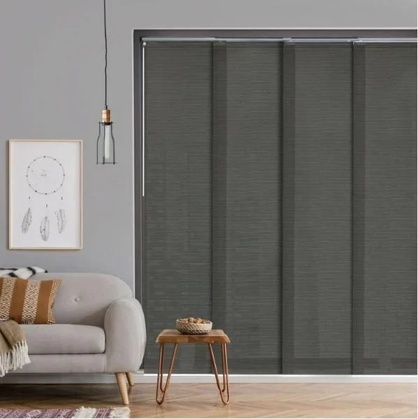 A modern sliding panel with a slender wand control , professionally measured and installed by Winnk Shades and Blinds Solutions in Georgetown , Guyana