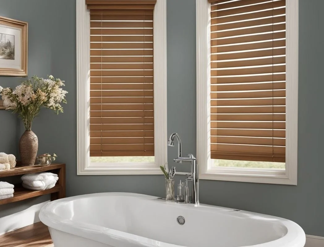 A modern designed bathroom with wood blinds that creates a perfect blend of color and does not warp or fade due to the humidity. Georgetown, Guyana