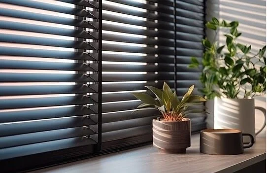 A aesthetically pleasing cordless wood blind over a kitchen sink in Georgetown , Guyana