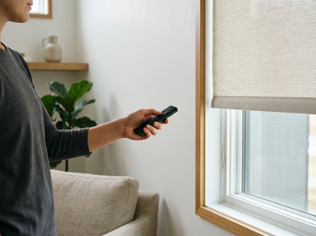 A man controls his blinds with a remote that allows him to operate the blind from any part of the home and stops it exactly where he wants everytime -no cords -and safe for children. Georgetown , Guyana