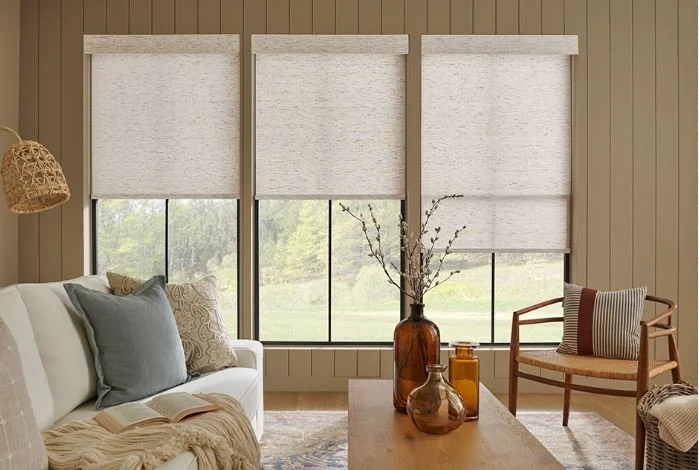 Cordless roller shades with valances in a luxurious living room in Georgetown,Guyana.