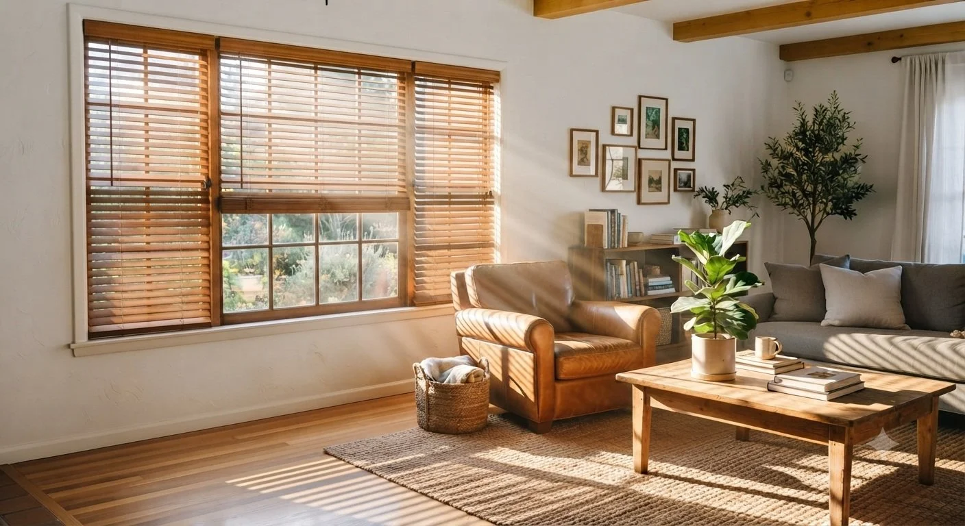A modern decorated living room with wood blinds that is controlled with a wand and allows the perfect amount of light that the customer chooses. Georgetown , Guyana.