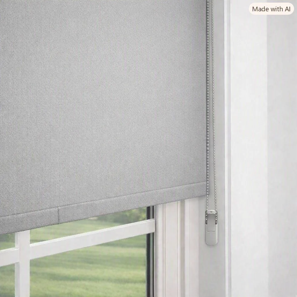 White blackout roller shade with continuous loop chain in a bathroom.