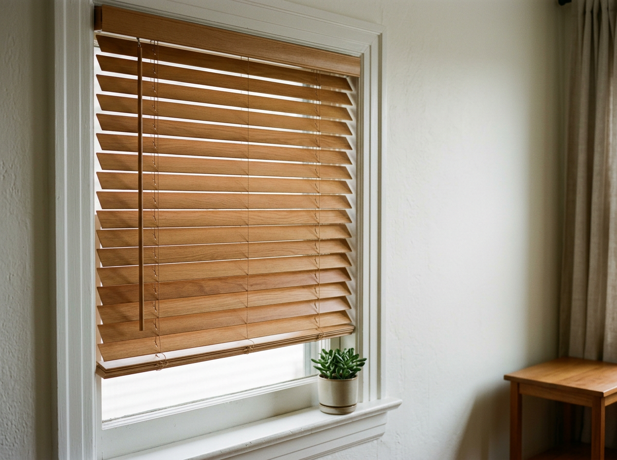 Cordless wood blind in a modern room , professionally measured and installed in Georgetown, Guyana.
