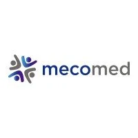 Mecomed logo with stylized blue and gray abstract design and text