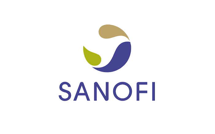 Sanofi logo with circular emblem and company name in blue text