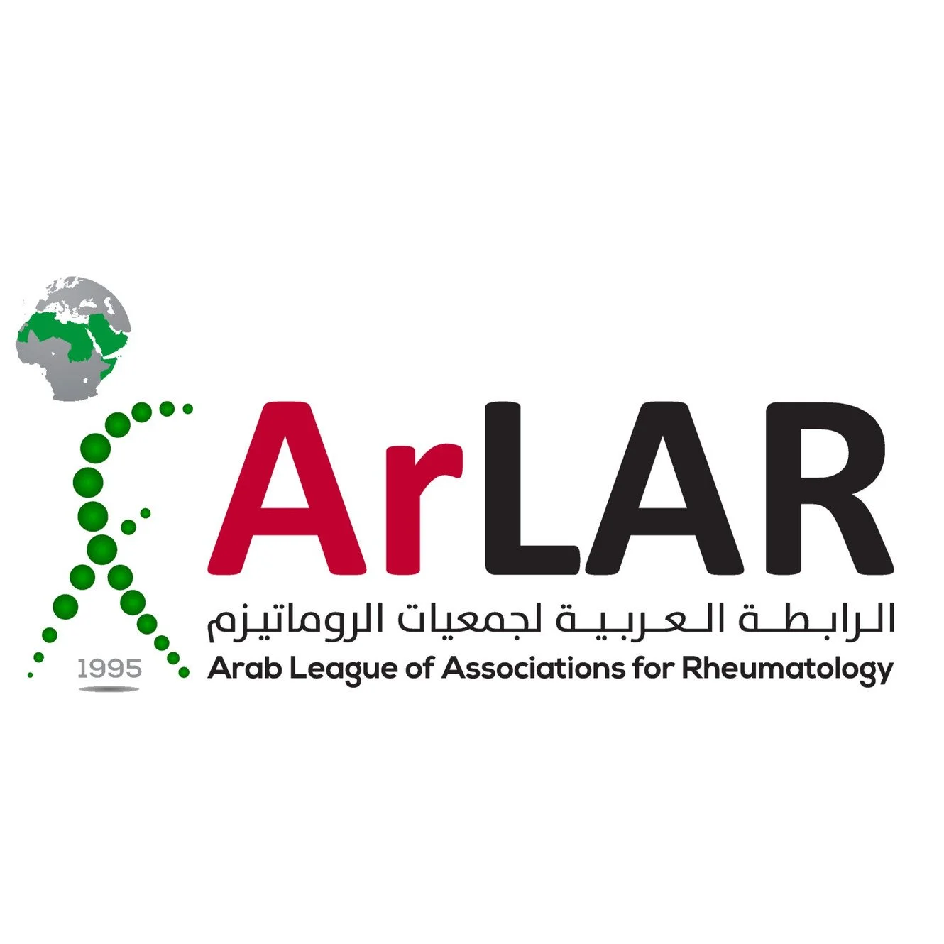 Logo of Arab League of Associations for Rheumatology featuring a stylized green DNA double helix with a map of the Middle East, and text in both Arabic and English.