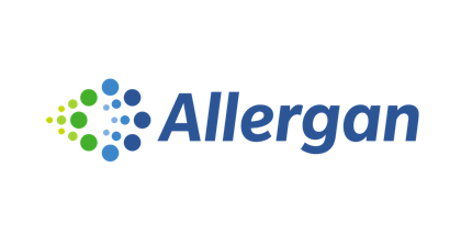 Allergan logo with blue text and a cluster of green and blue dots