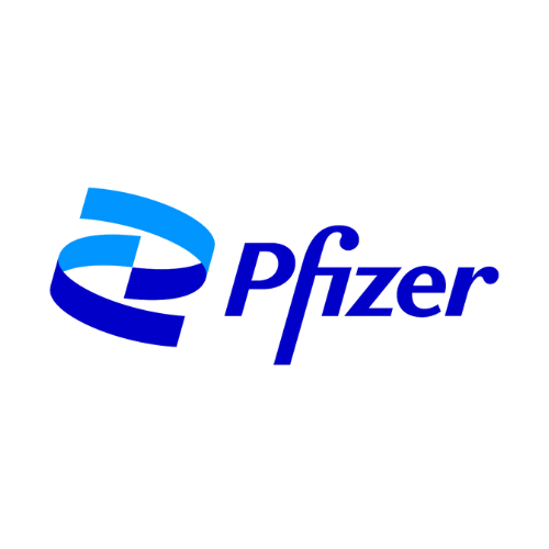 Pfizer logo with a stylized blue emblem and the word 'pfizer' in blue lowercase letters.