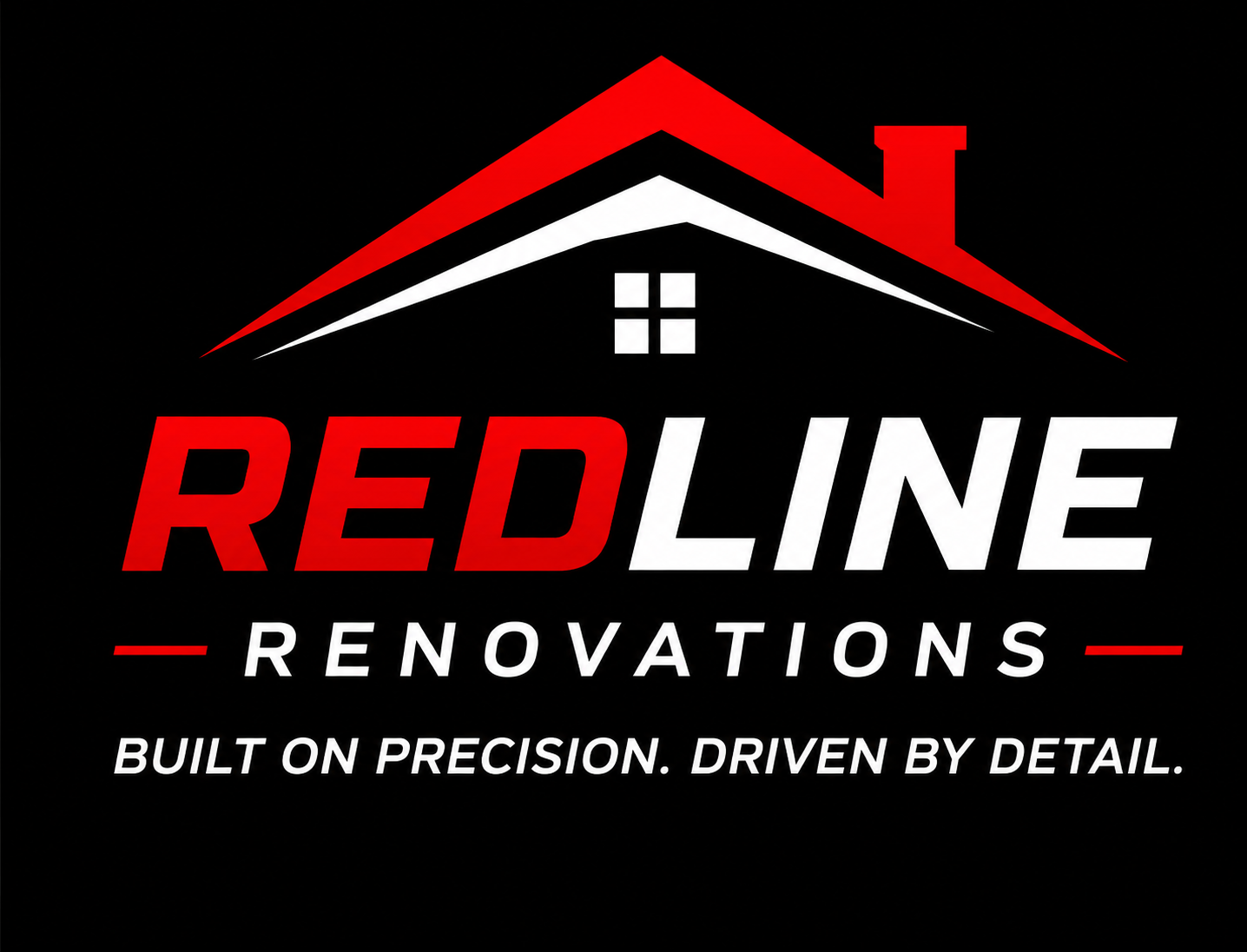 Logo for RedLine Renovations featuring a house roof graphic and the text 'RedLine Renovations' with the tagline 'Built on precision. Driven by detail.'