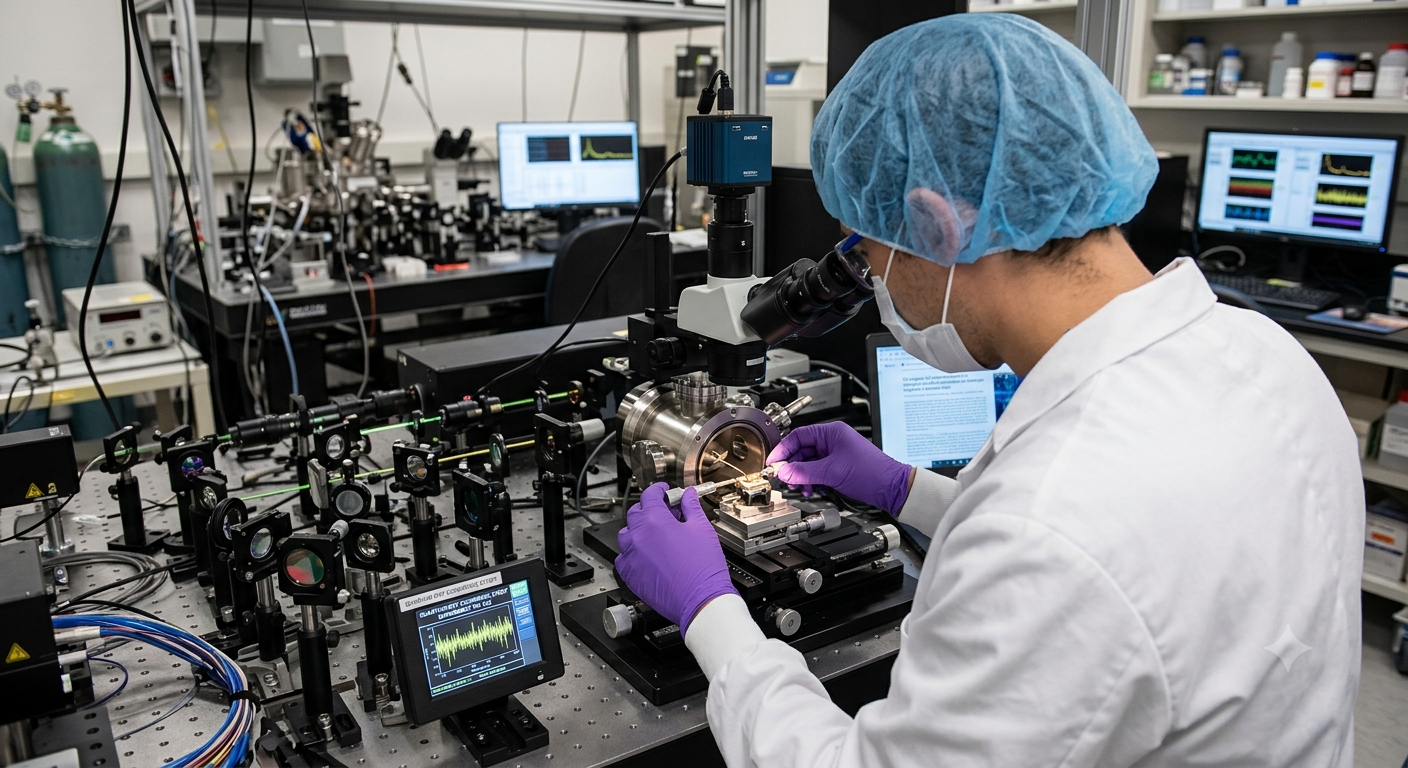 A scientist in a lab coat, gloves, and a hair covering working with a microscope and scientific equipment in a laboratory setting, with computer screens displaying data in the background.