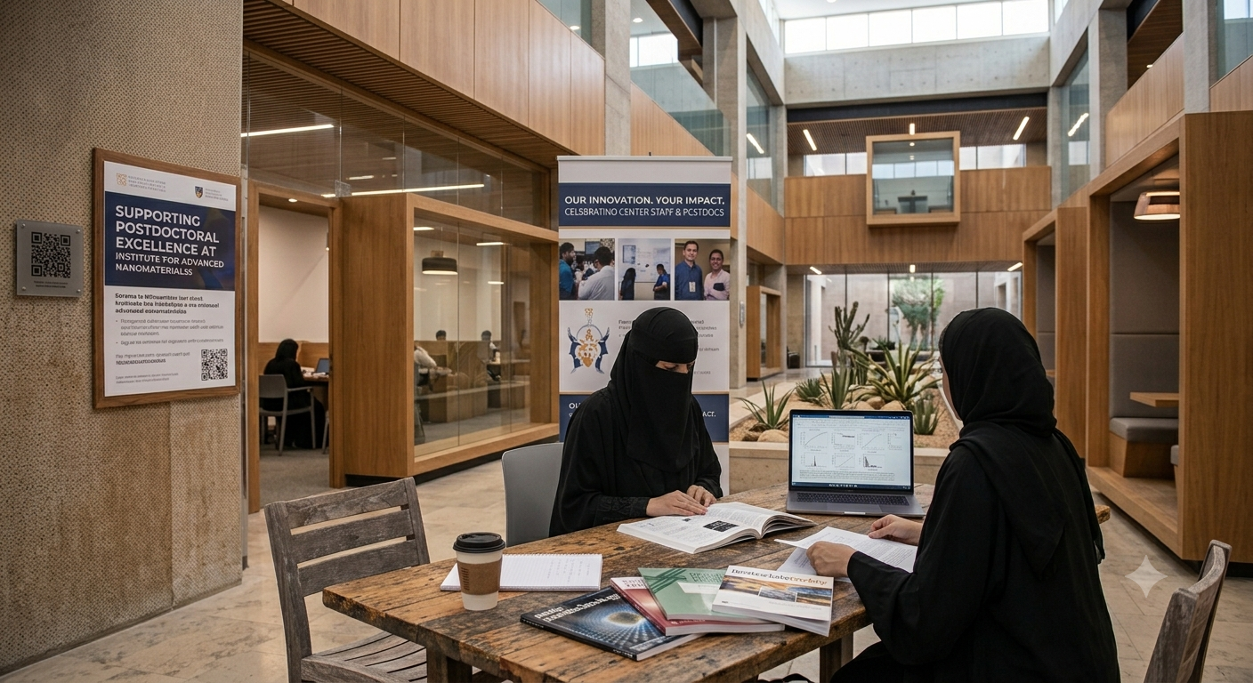 Two women in black niqabs sit at a table with books and a laptop in a modern indoor space with glass walls, plants, and wooden accents. They are working or studying.
