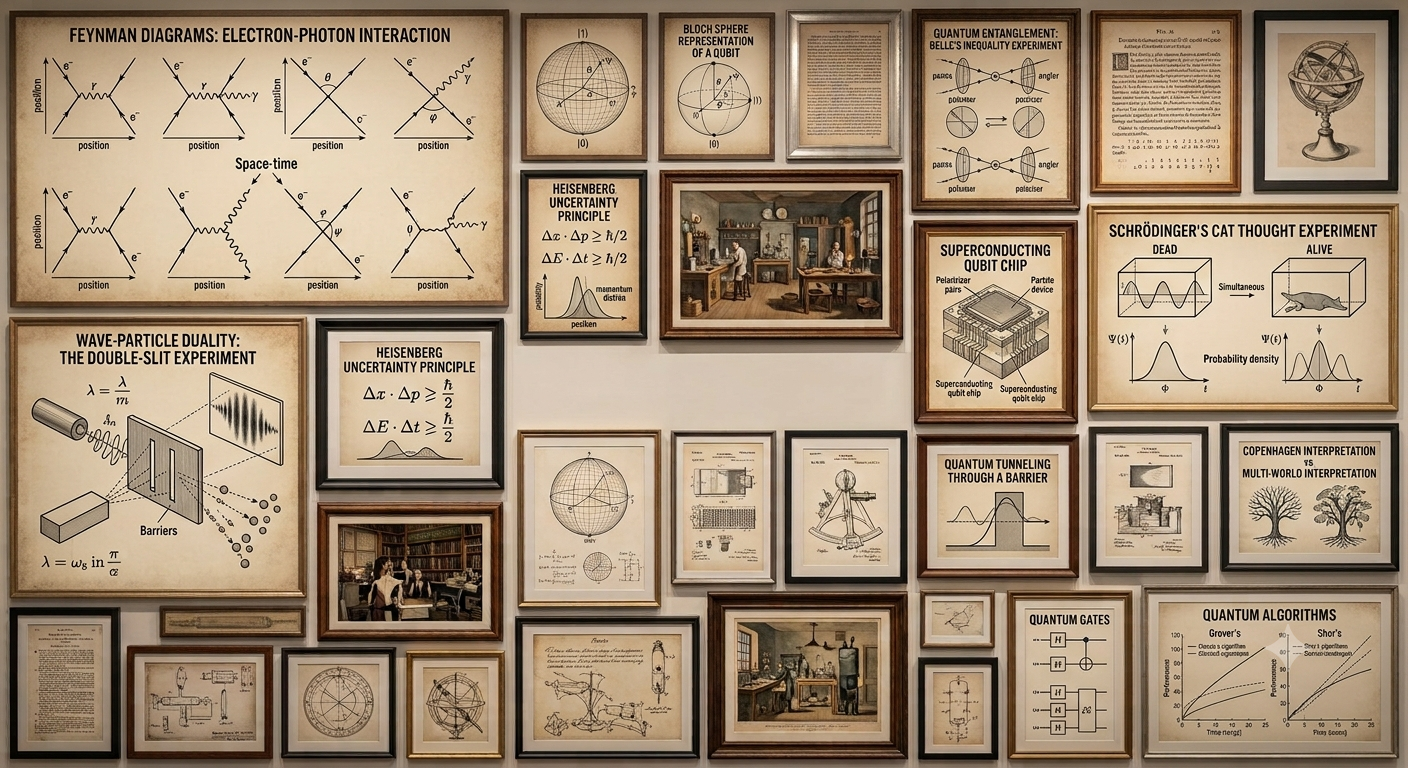 A wall of framed educational posters and diagrams related to physics, quantum mechanics, and scientific experiments, including diagrams on electron-photon interaction, qubits, uncertainty principles, Schrödinger's cat, quantum tunneling, and quantum gates, along with a few photographs and drawings.