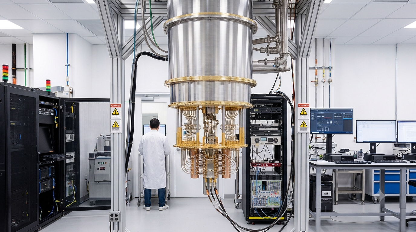 Laboratory with a large cylindrical machine connected to wires and pipes, surrounded by computer monitors and a technician in a white lab coat.