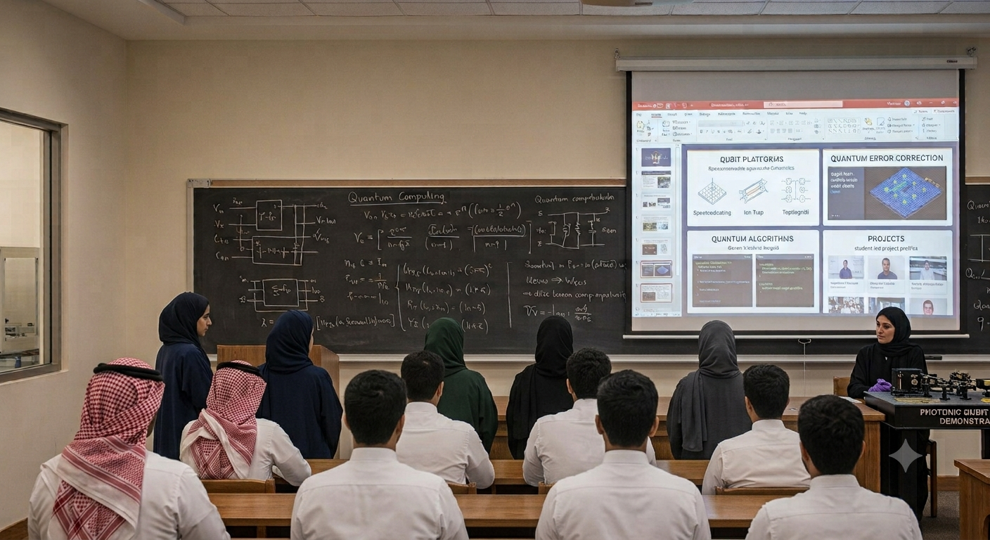 Classroom with students and a teacher, blackboard with mathematical equations, and a projector screen displaying slides on quantum computing.