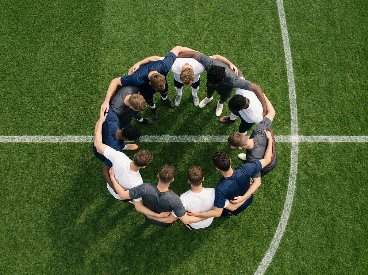 Professional football players huddling together on a football pitch, illustrating football transfers, agency exits and sports disputes.