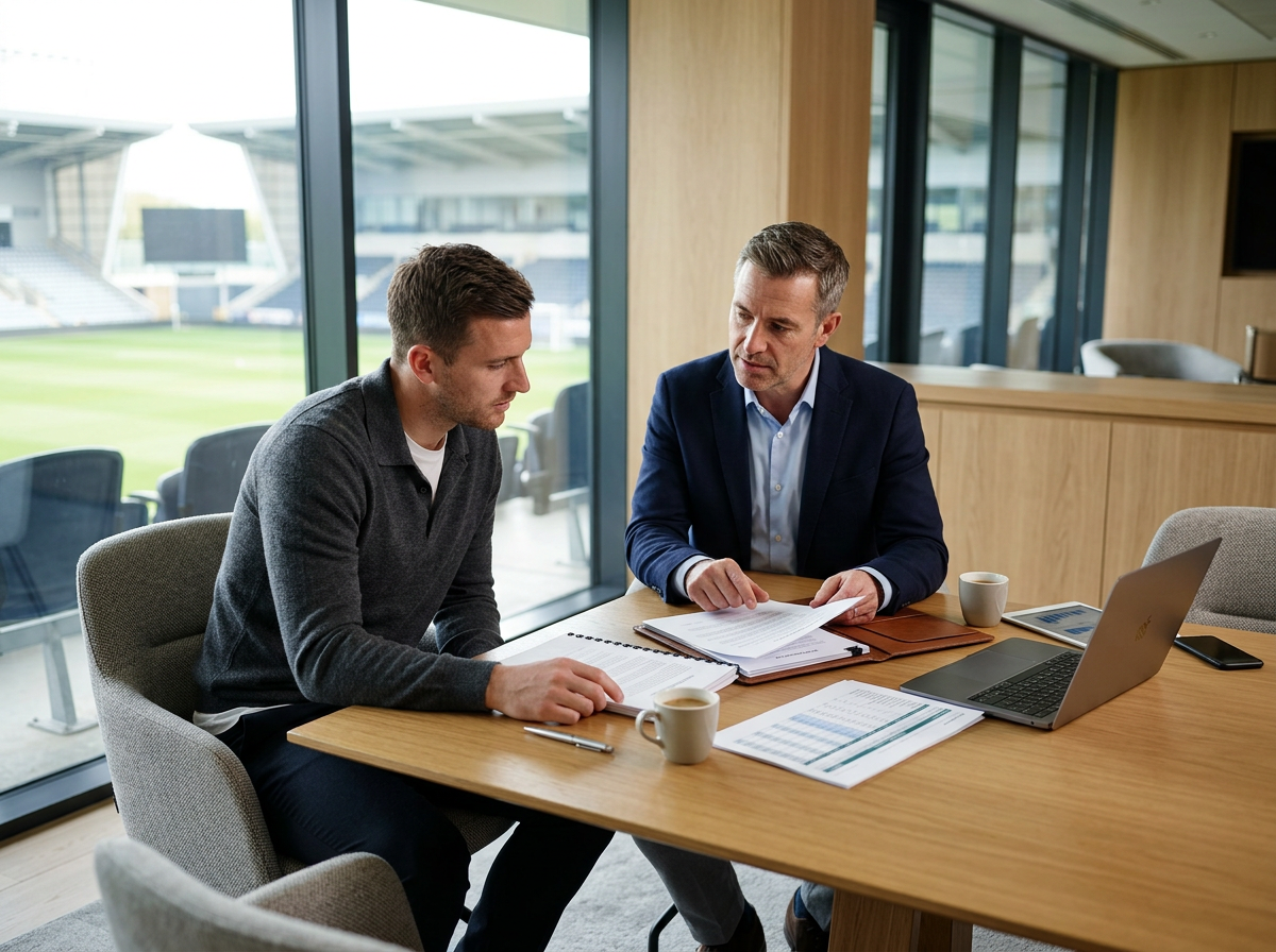 Professional footballer reviewing representation agreement and commission arrangements with an adviser.
