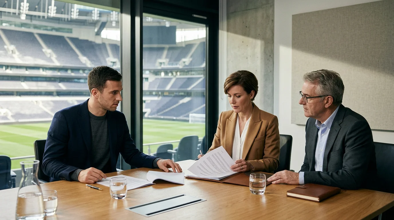 Professional footballer reviewing football contract documents with a legal adviser.