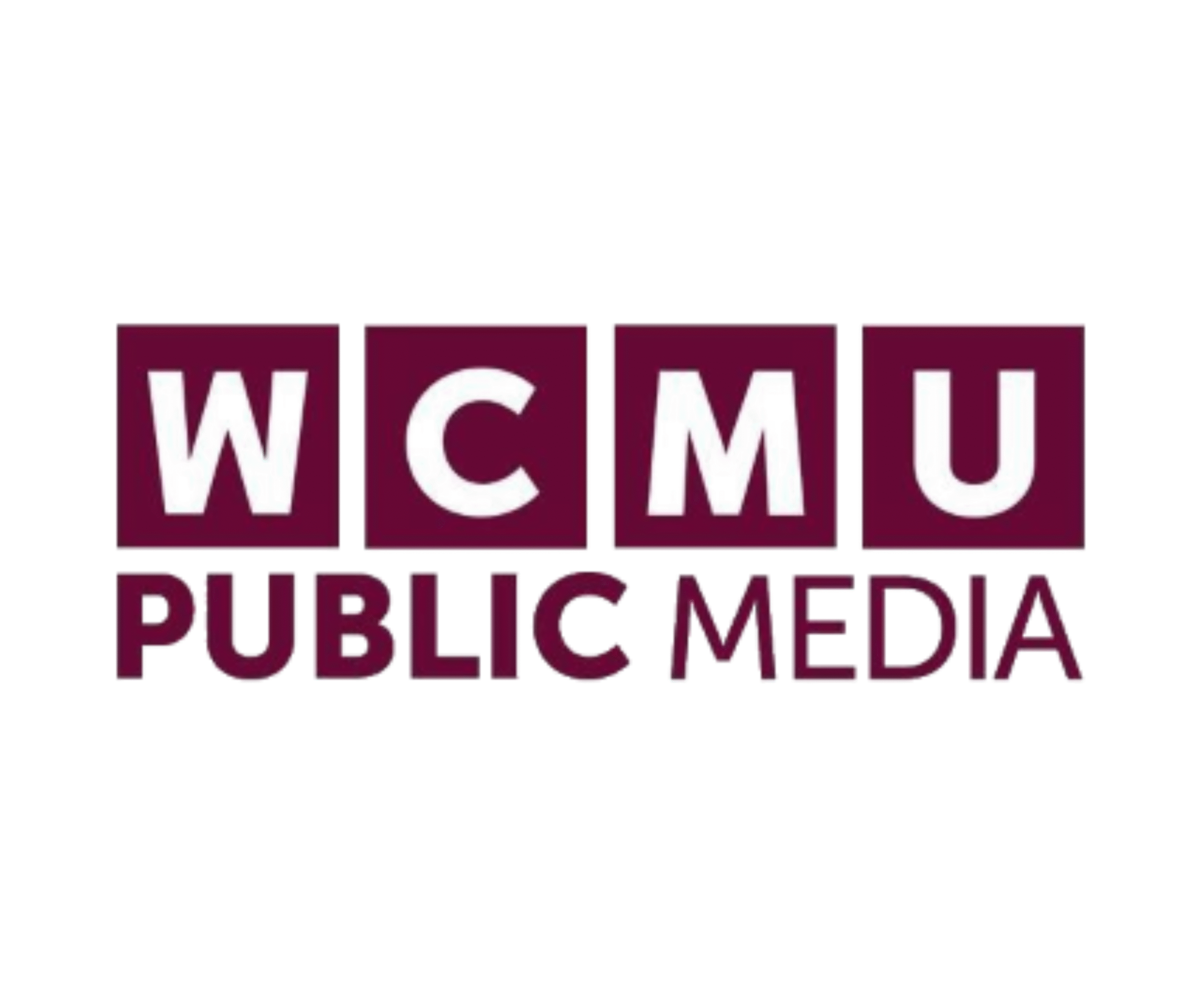 Partial logo of WCMU Public Media with maroon background and white text.