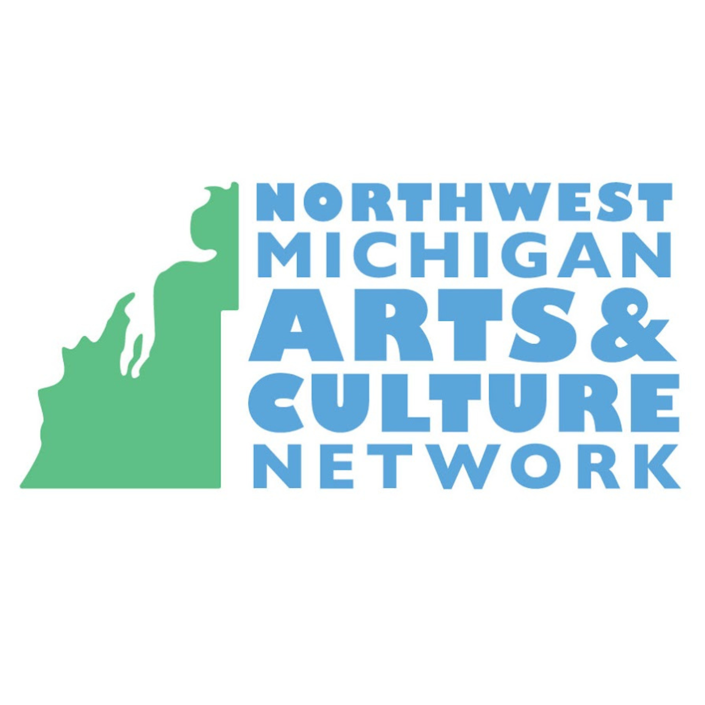 Logo of Northwest Michigan Arts & Culture Network with a green outline map of Michigan on the left and blue text on a white background.
