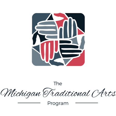 A logo featuring interwoven hands in red, gray, and black for The Michigan Traditional Arts Program.