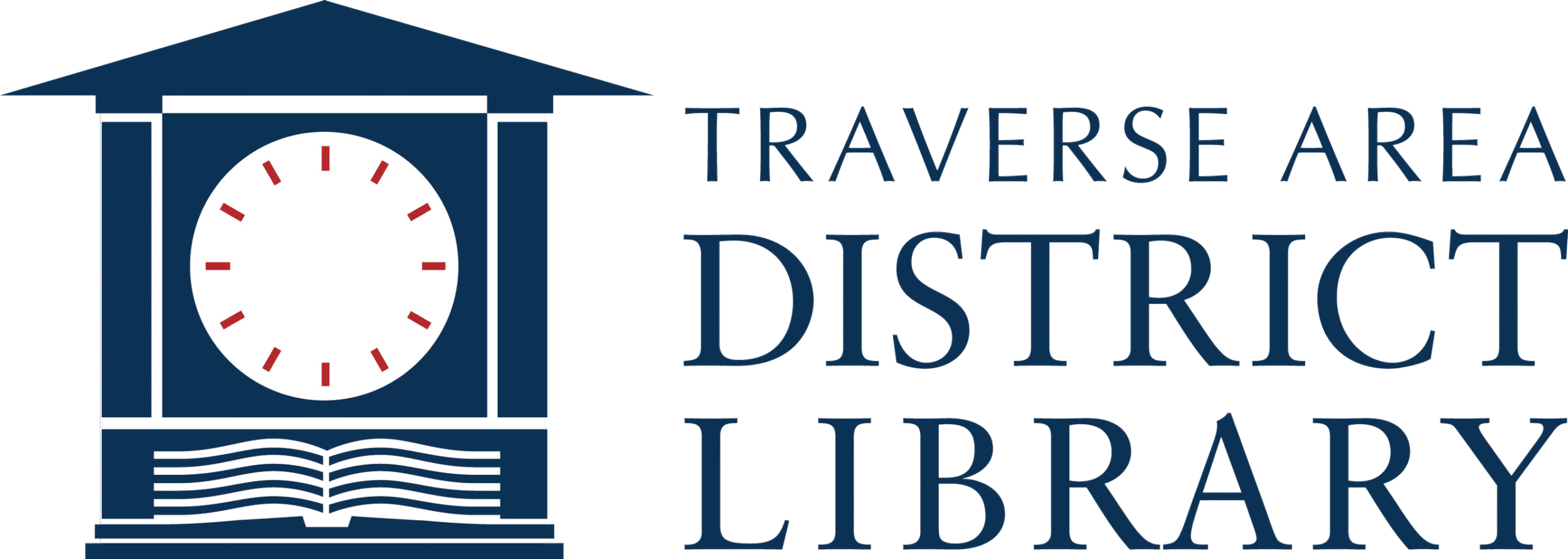Logo of Traverse Area District Library featuring a clock, an open book, and the library's name.