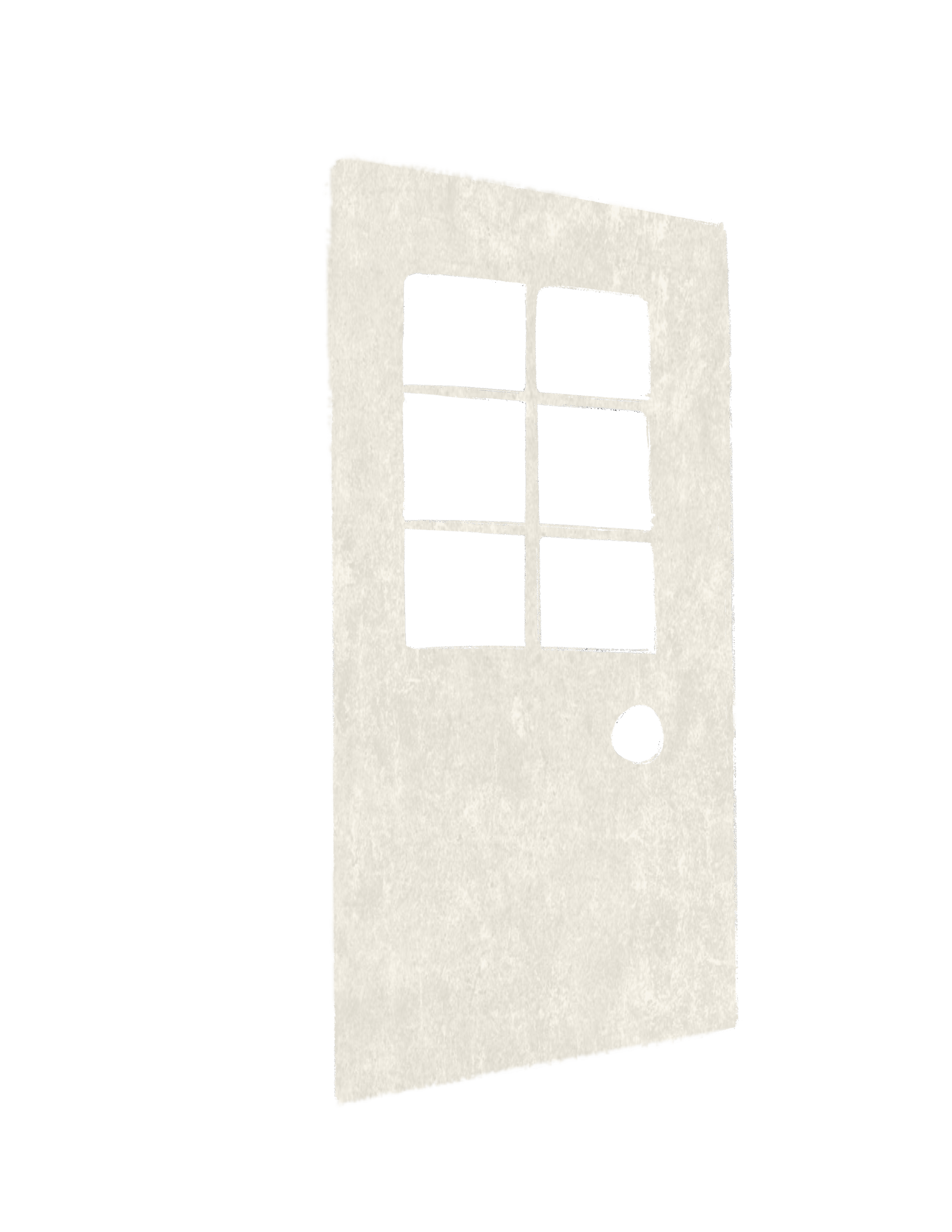 A watercolor illustration of a white window with four panes and a black knob on a black background.