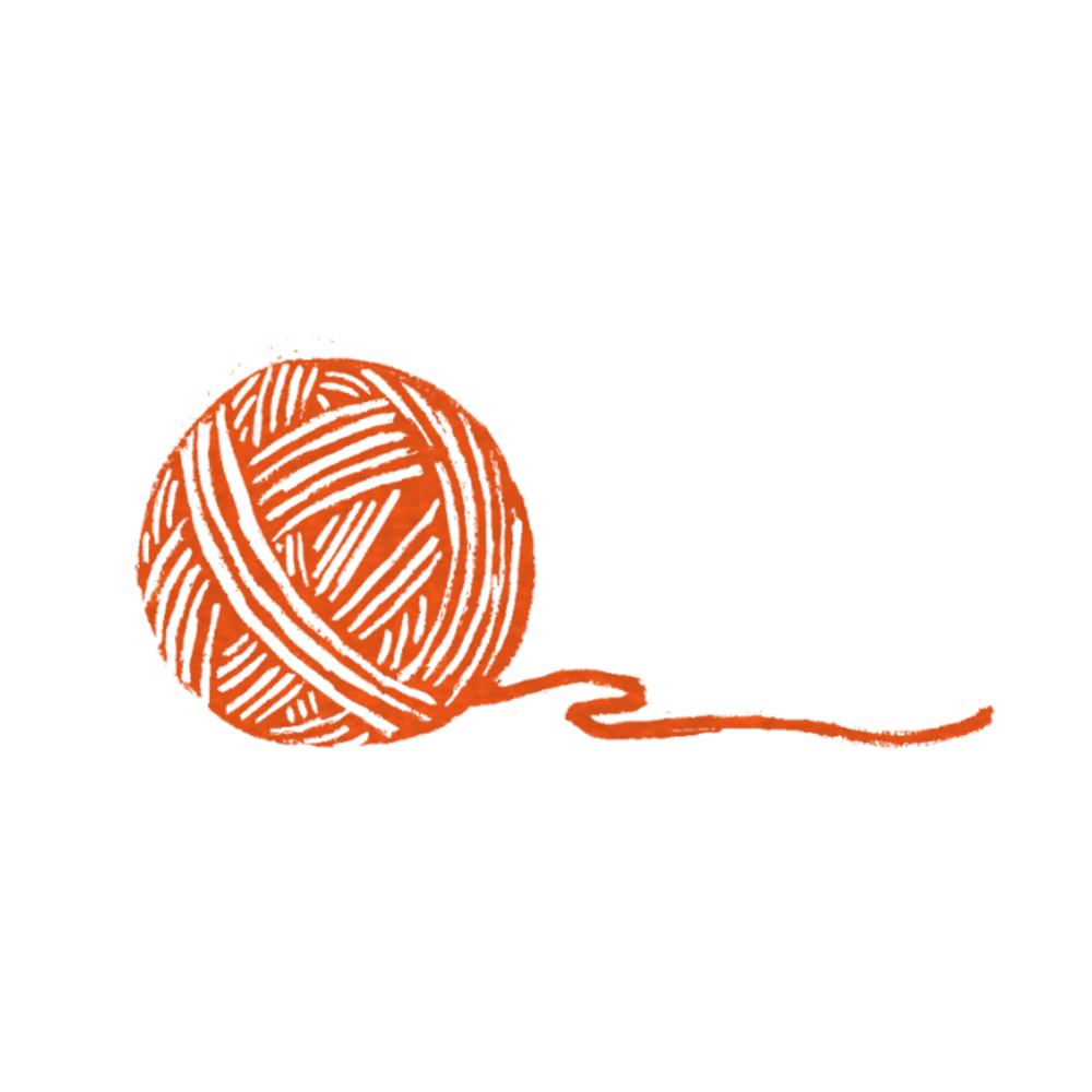 Illustration of an orange ball of yarn with loose end, on a black background.