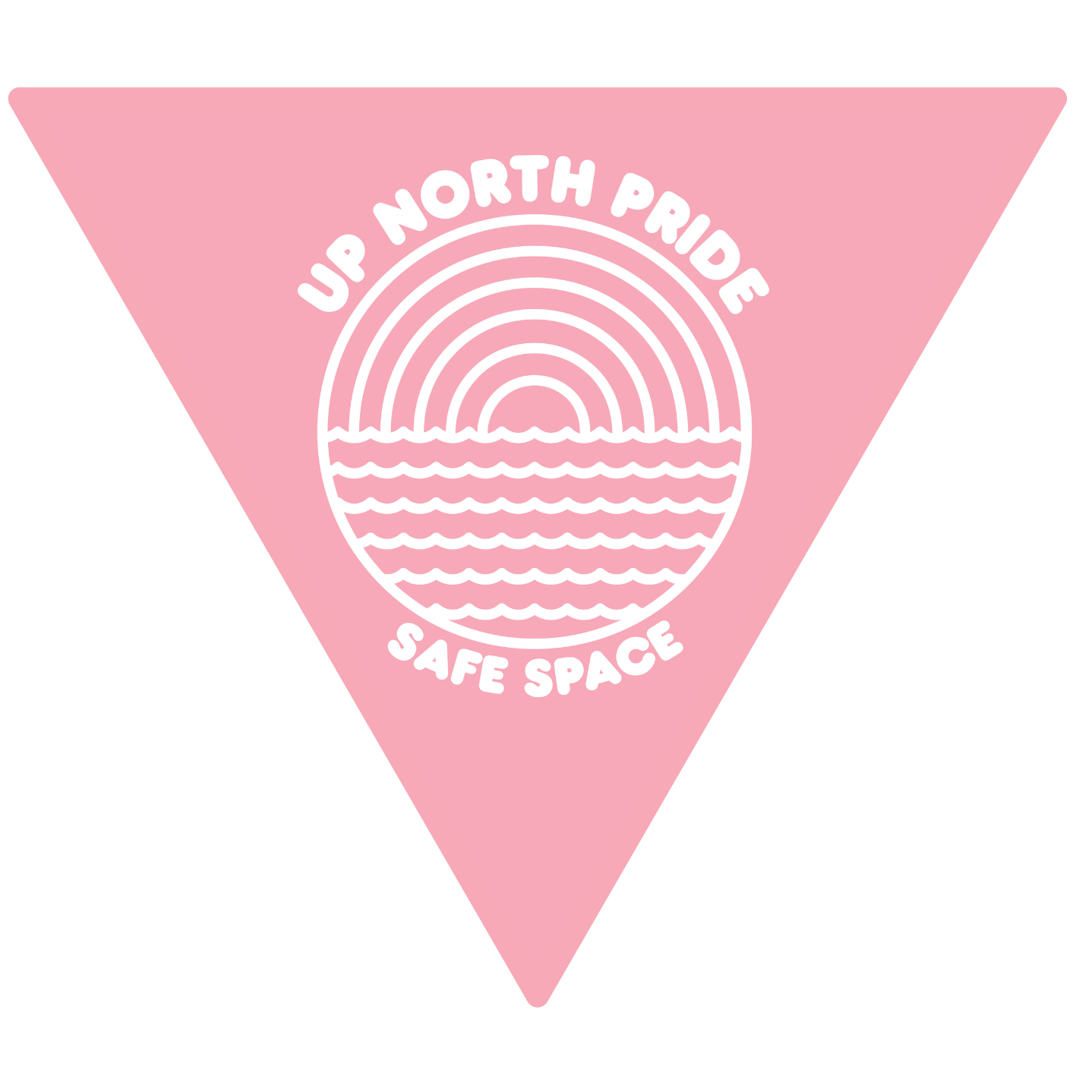 Pink triangular badge with white line art of a sunset over water and the text 'Up North Pride' and 'Safe Space'.