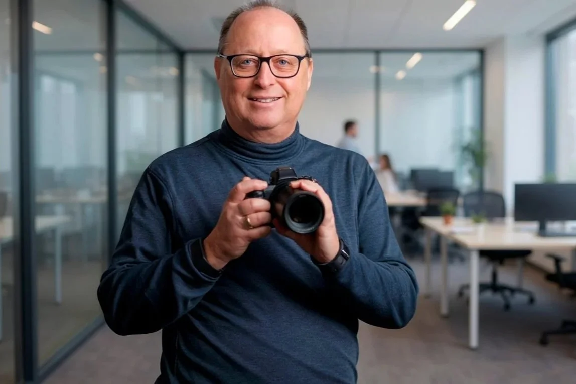 Ein Mann mit Brille hält eine Kamera in einem modernen Bürogebäude, im Hintergrund sind andere Personen und Bürotische sichtbar.