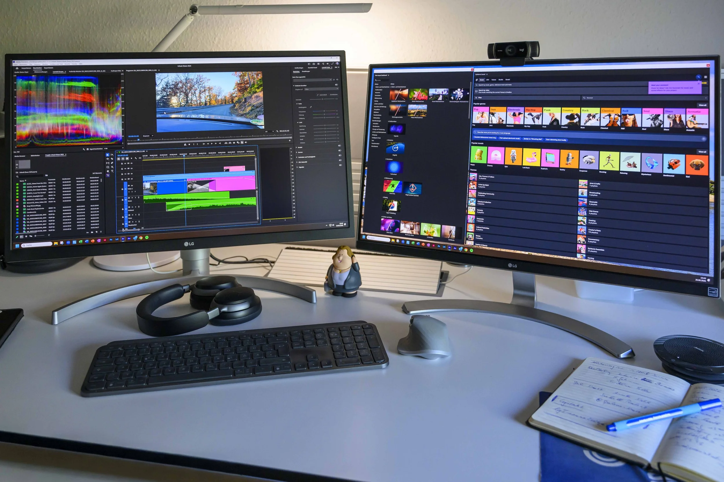 Zwei Computerbildschirme auf einem Schreibtisch, mit Video-Editing-Software und einer Medienbibliothek geöffnet. Es gibt eine Tastatur, eine Maus, Kopfhörer, ein Notizbuch mit Notizen, einen Stift, einen Lautsprecher und eine Figur zwischen den Monitoren.