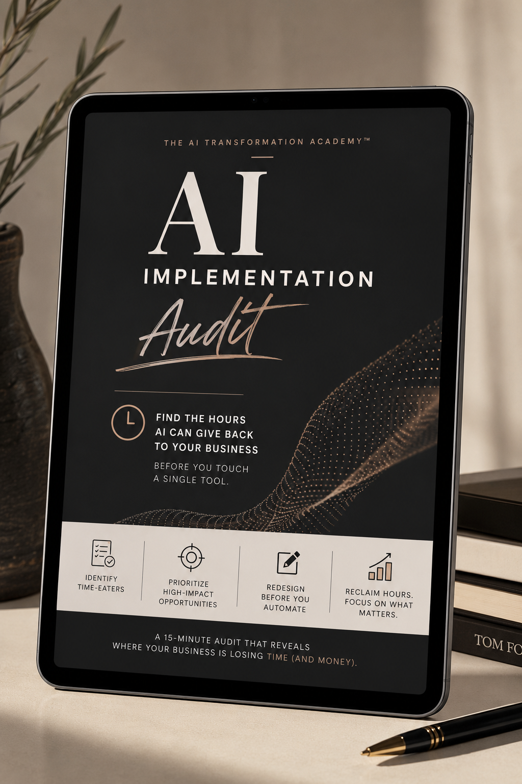 A tablet screen displays an advertisement for an AI implementation audit service from The AI Transformation Academy. The ad features the headline 'AI Implementation Audit' with a modern design, icons, and bullet points about the service, set against a dark background with a gold dotted pattern.