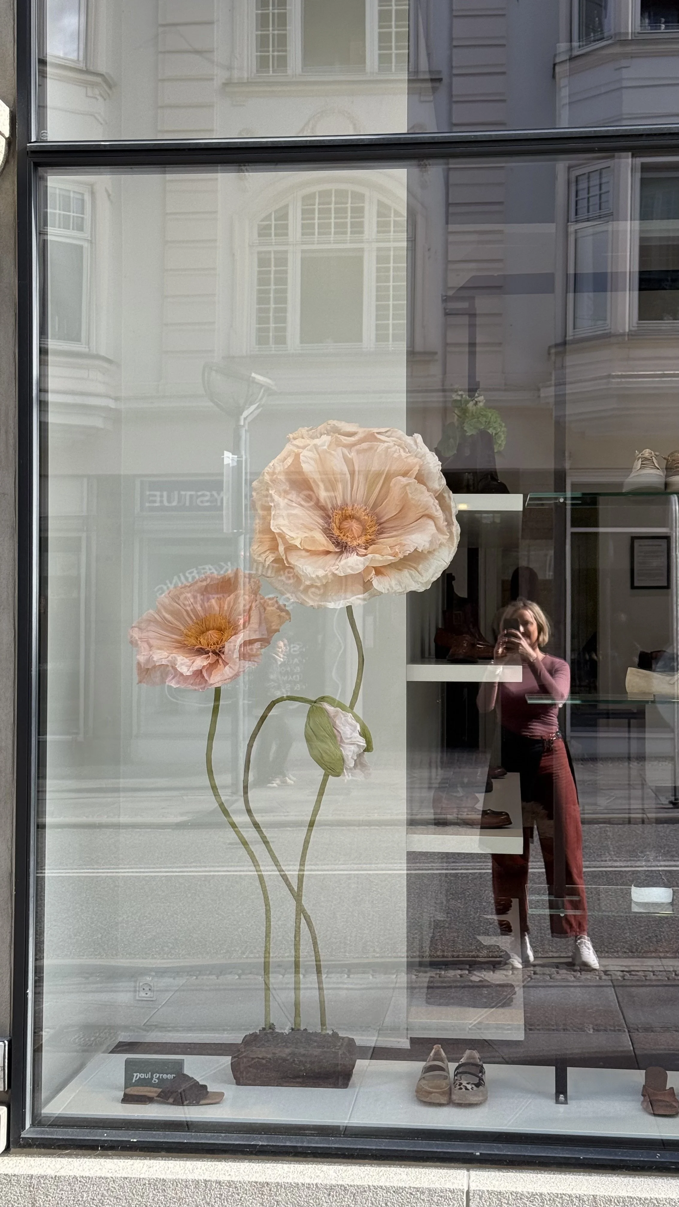 Retail window display with handcrafted giant paper poppies.