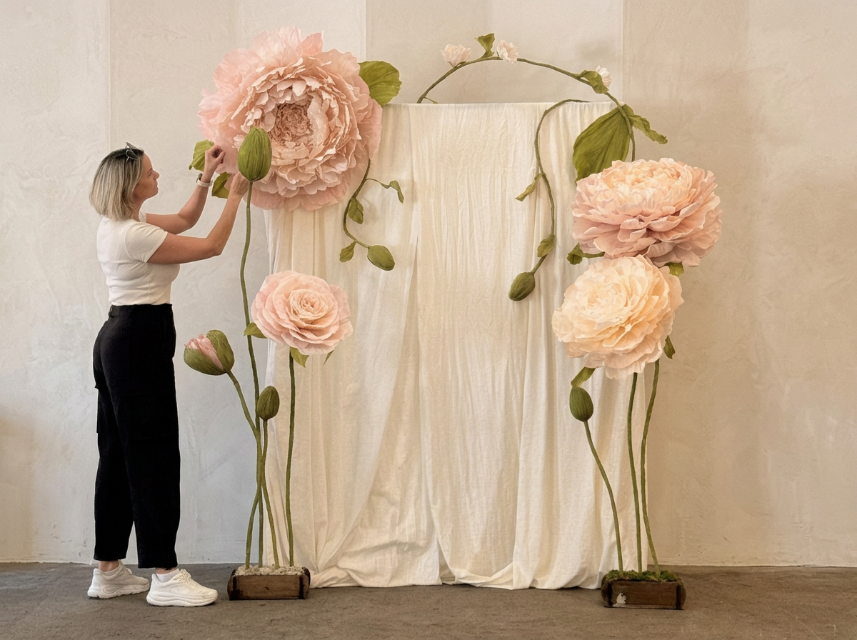 A woman arranging large pink and white paper flowers with green stems on a backdrop.