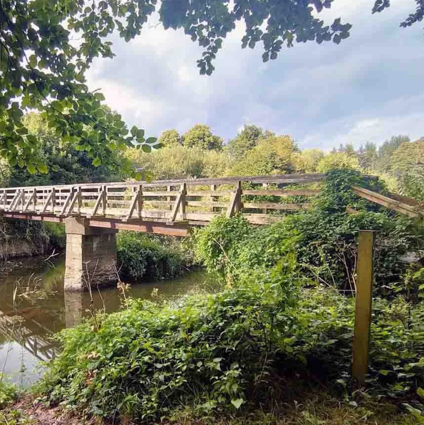 A wooden bridge over a small river surrounded by dense green foliage with trees in the background under a partly cloudy sky.