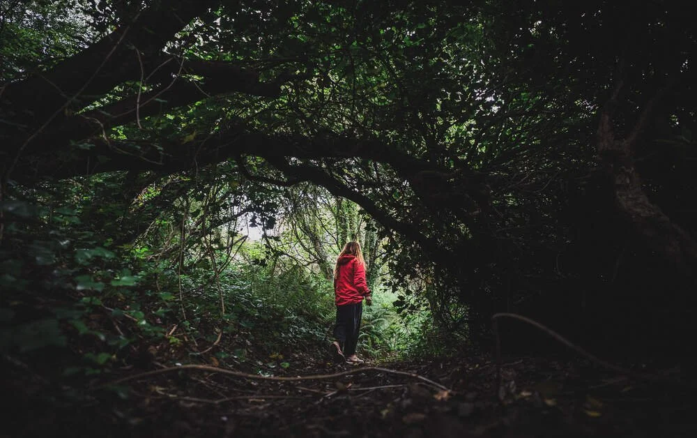 A person in a red jacket stands inside a dark, dense forest tunnel formed by intertwined branches and foliage.