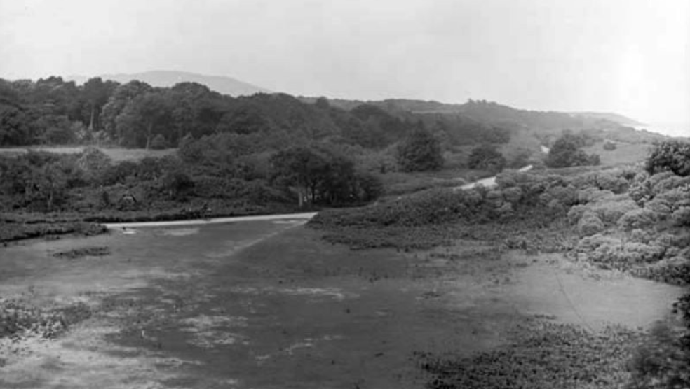 Black and white photograph of a river flowing through a rural landscape with trees and hills in the background, and a dirt road on the right side.
