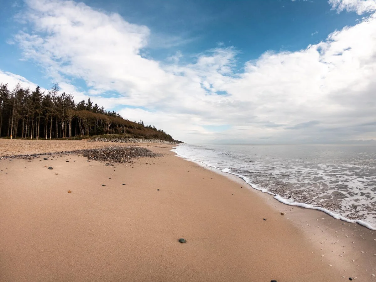 Empty sandy beach with rocks, ocean waves, forested hillside, and cloudy sky.
