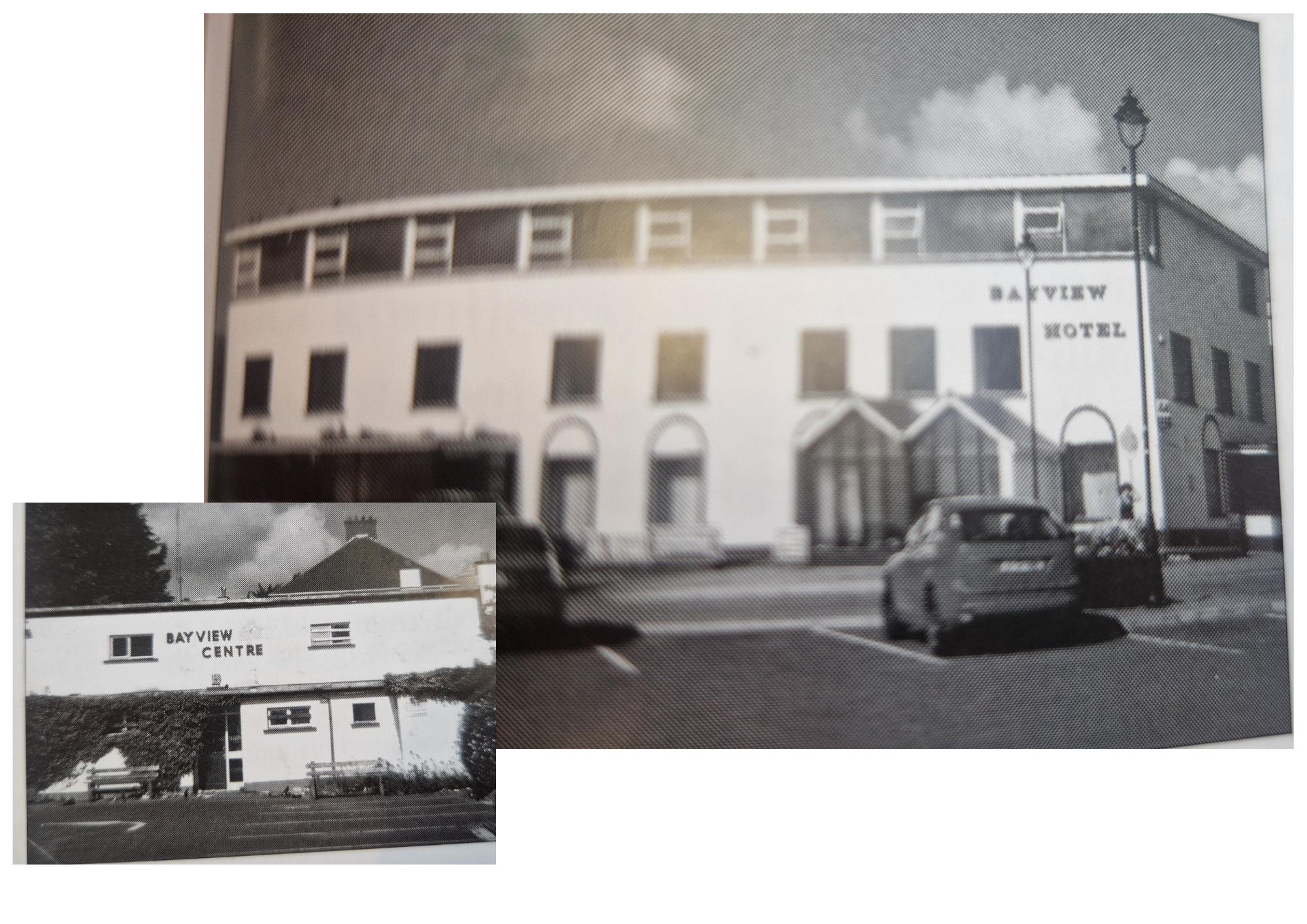Two black-and-white photos of buildings. The larger photo shows a multi-story building with a curved roof and multiple windows, with the sign "Bayview Hotel". The smaller photo shows a shorter building with a sign "Bayview Centre", with cars parked i