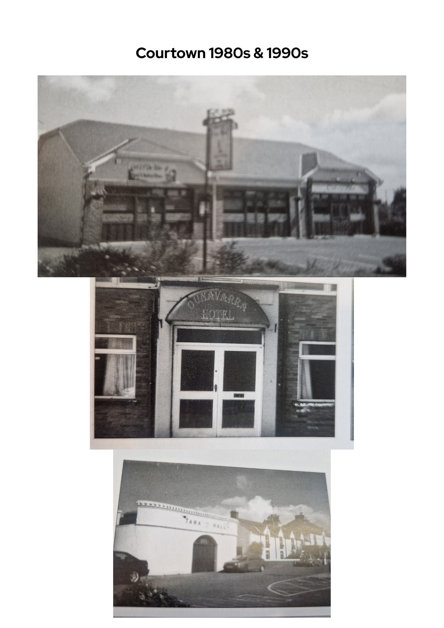 Black-and-white photos of historic buildings, including a courthouse, hotel, and town hall from the 1980s and 1990s.