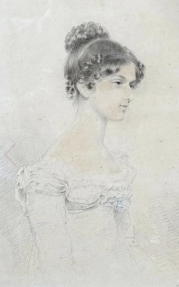 A portrait of a woman with curly hair styled in an updo, wearing a dress with ruffle details on the shoulders, sketched in a soft, light style.