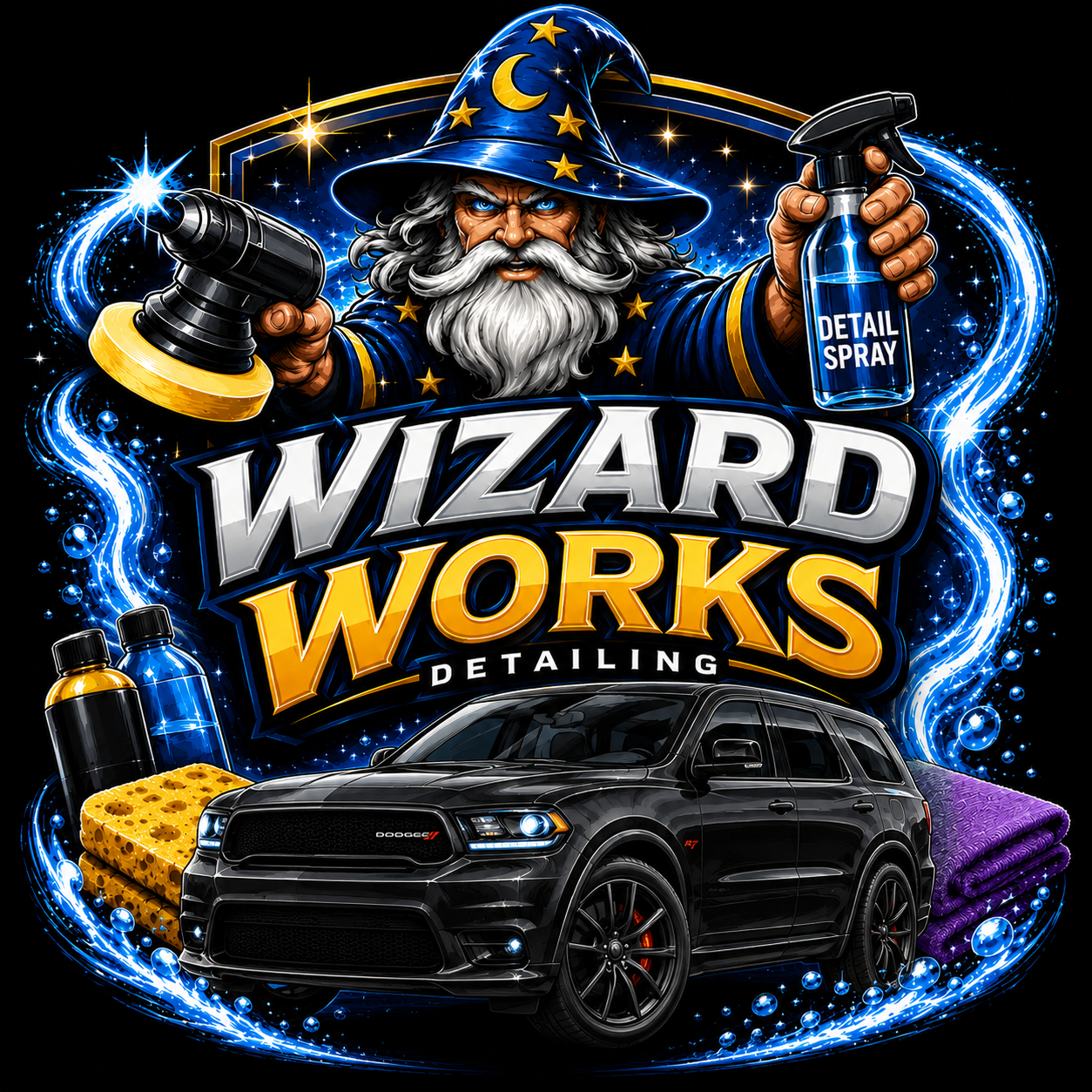 A wizard with a long white beard and a blue hat adorned with yellow stars, holding cleaning spray and a power buffer. The image includes a black Dodge SUV, cleaning supplies, sponges, towels, and the text 'Wizard Works Detailing' with swirling blue light effects.