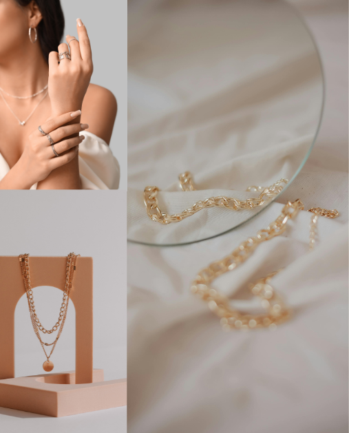 A collage of jewelry images including a woman wearing rings and a necklace, a close-up of a gold chain necklace reflected in a mirror, and layered gold necklaces displayed on a pink jewelry stand.